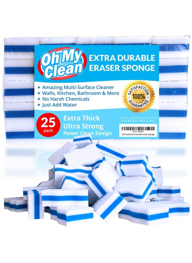 Oh My Clean 25 Pack Extra Durable Eraser Sponge - Extra Thick Long Lasting Premium Melamine Sponges in Bulk - Multi-Purpose Power Scrubber - Bathroom Kitchen Floor Bathtub Toilet Baseboard Wall Cleaner - Image 1