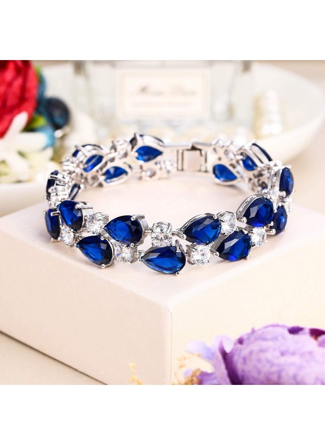 EVER FAITH Women'S Prong Cubic Zirconia Vintage Style Dual Layer Tear Drop Bracelet Blue Silver-Tone  - Image 2
