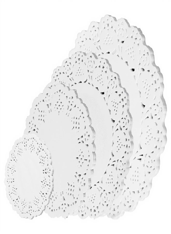 Qulkws 200 Pcs Round Paper Doilies Assorted Sizes 4.5/5.5/6.3/8.3 Inch White Paper Placemats Lace Cupcake Liners Disposable Doily Greaseproof Dessert Plate Mats for Party Table Craft Cakes Desserts Tableware - Image 1