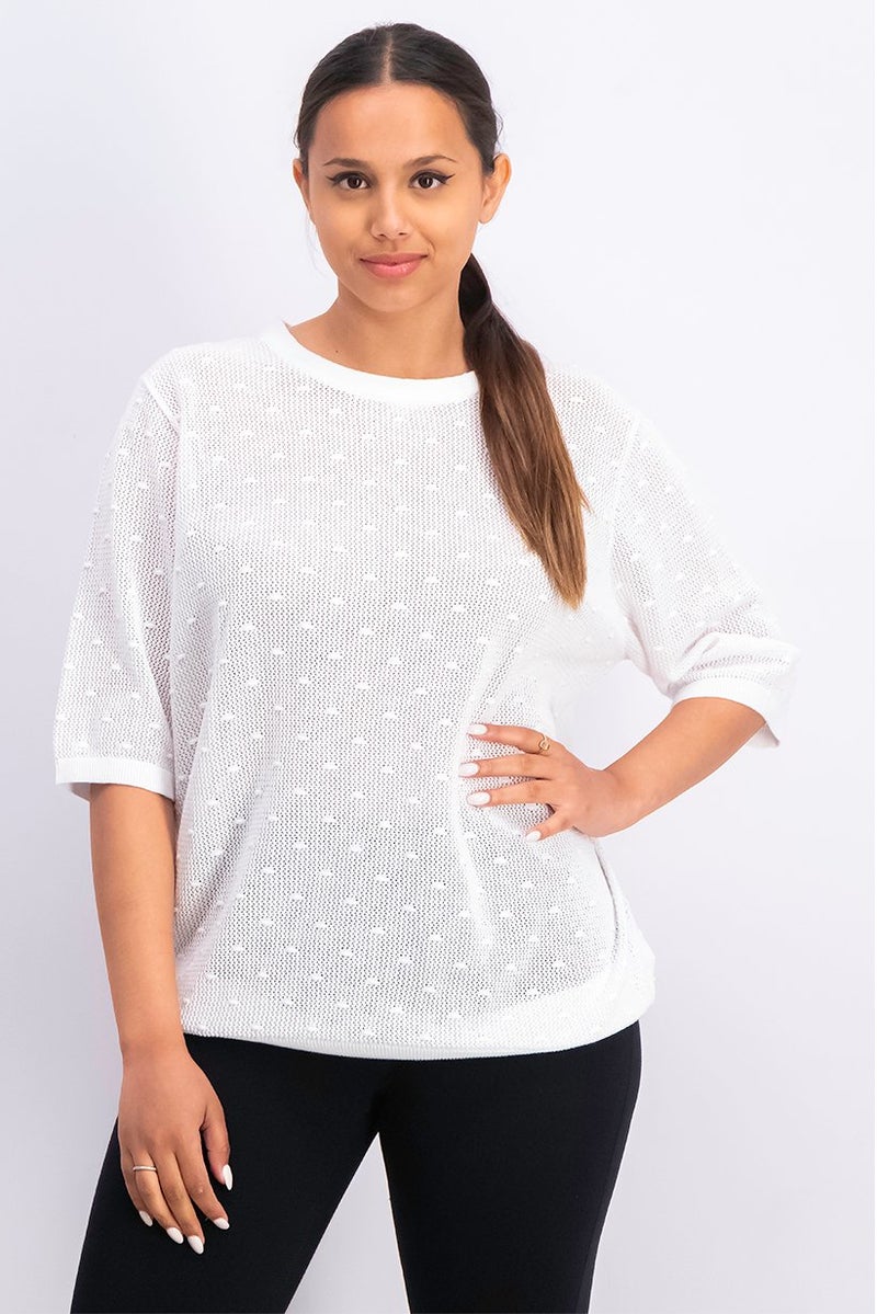 Tchibo بلوزة نسائية بياقة دائرية وأكمام كوع بتصميم شبكي، بيضاء - Image 1