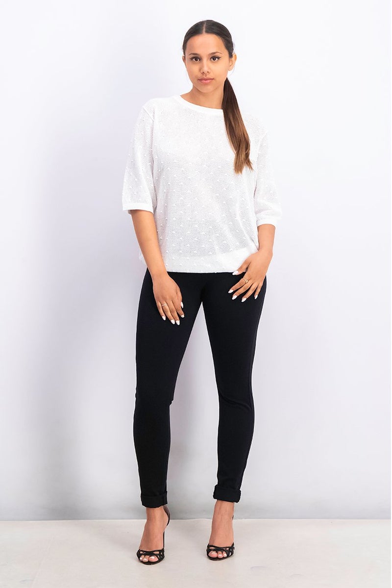 Tchibo بلوزة نسائية بياقة دائرية وأكمام كوع بتصميم شبكي، بيضاء - Image 3