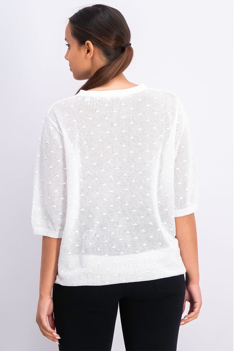 Tchibo بلوزة نسائية بياقة دائرية وأكمام كوع بتصميم شبكي، بيضاء - Image 4