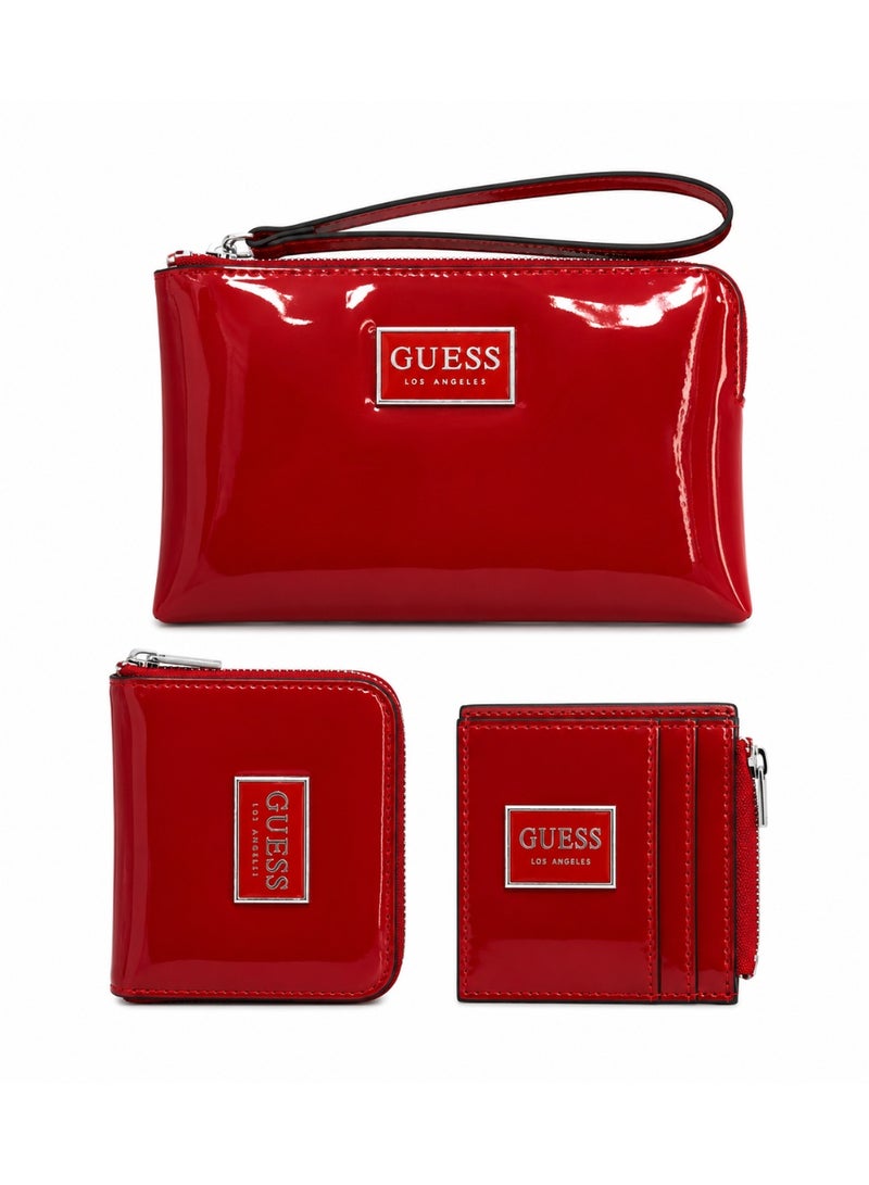3-Piece Luxury Patent Glossy Leatherette Gift Set With L-Zip Wallet Zippered Card Holder And Wristlet Pouch Red