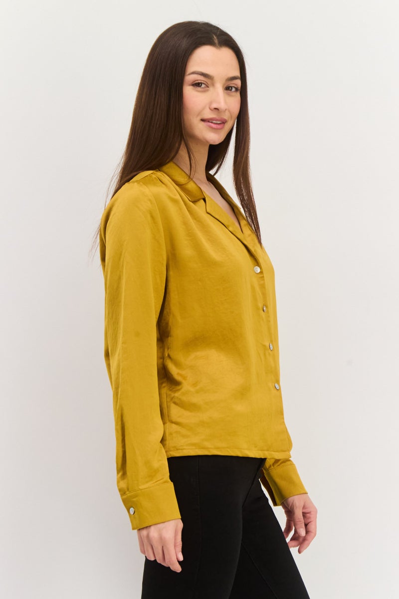 Karen Kane Women Spread Collar Solid Long Sleeves Blouse, Gold - Image 3