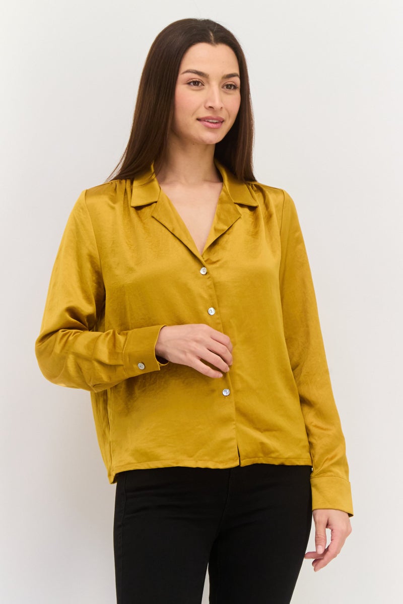 Karen Kane Women Spread Collar Solid Long Sleeves Blouse, Gold - Image 1