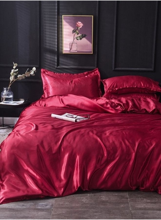 6 Piece Silk Satin King Size Bedding Set Red 