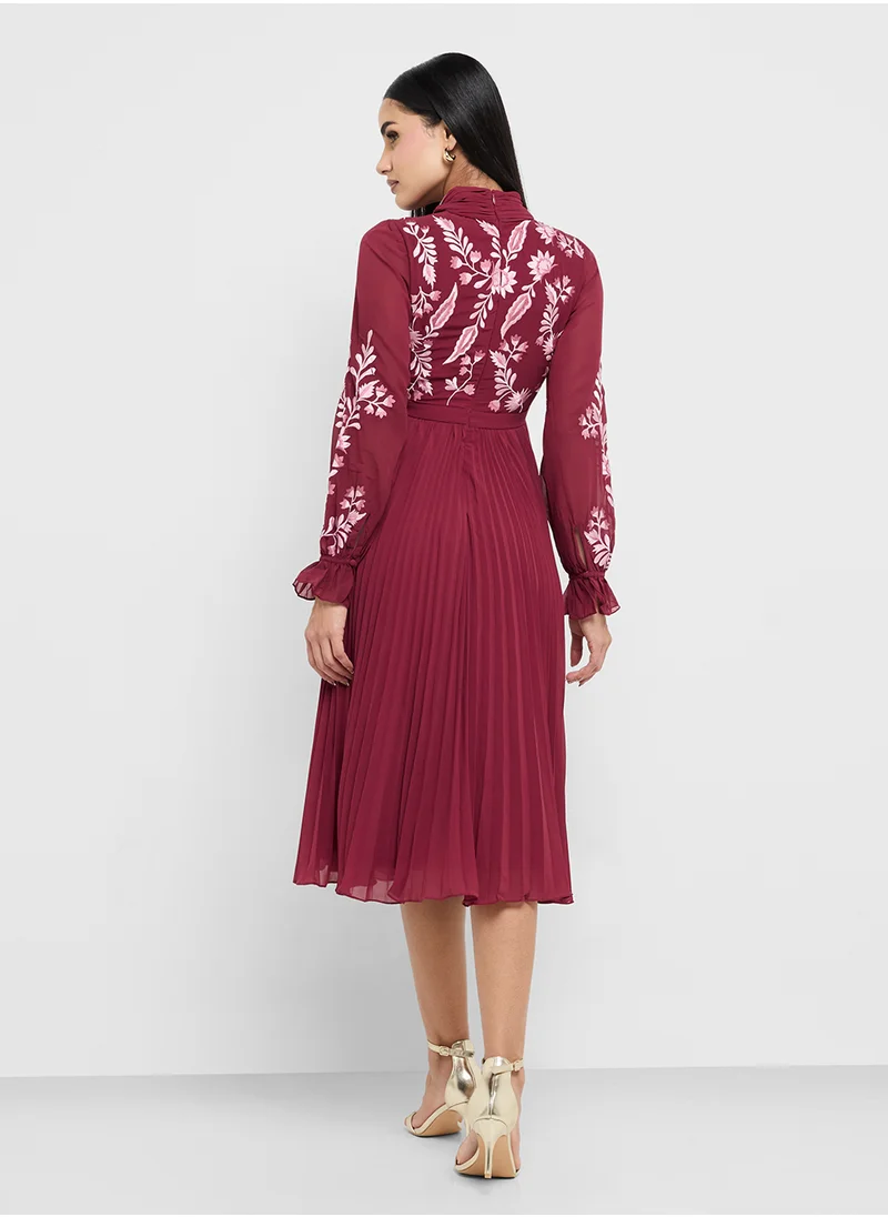 Frock and Frill Pleated Embroided Tie Detail Midi Dress