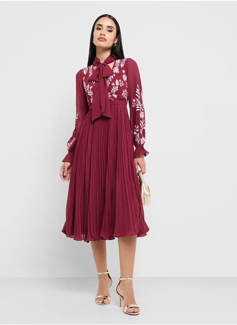 Frock and Frill Pleated Embroided Tie Detail Midi Dress