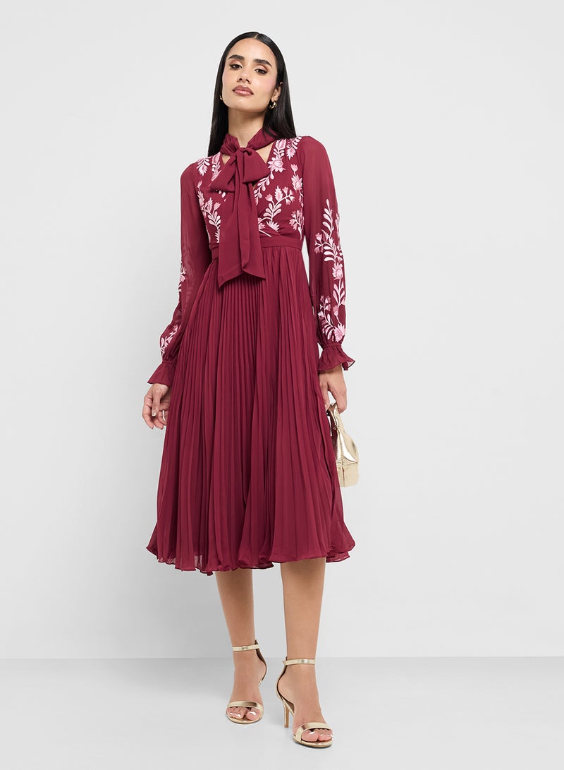 Frock and Frill Pleated Embroided Tie Detail Midi Dress  - Image 1