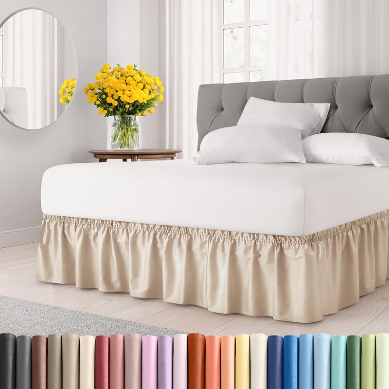 CGK Unlimited Wrap Around Dust Ruffle Bed Skirt  Beige  for King Size Beds with 15 Inch Drop  Easy Fit Elastic Strap  Adjustable Pleated Bedskirt wBrushed Fabric  Wrinkle Free  for Women Men Kids  Teens