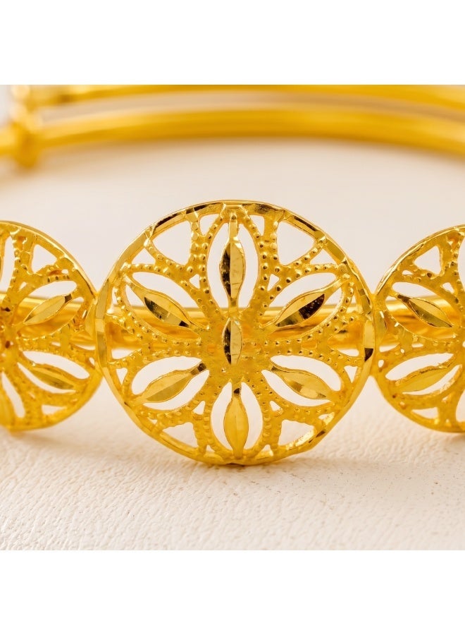 Bafleh Jewellery 21K Gold Adjustable Baby Bangle with Three Filigree Flower Wheels - Image 2