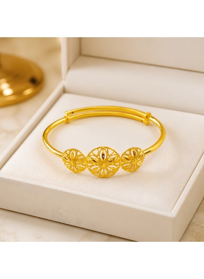 Bafleh Jewellery 21K Gold Adjustable Baby Bangle with Three Filigree Flower Wheels - Image 1