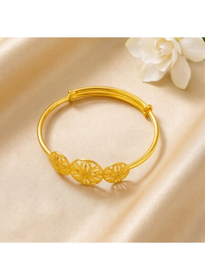 Bafleh Jewellery 21K Gold Adjustable Baby Bangle with Three Filigree Flower Wheels - Image 4