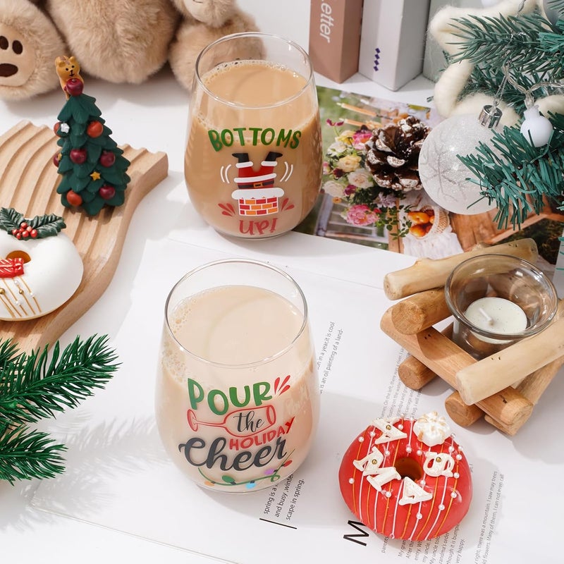 Whaline 4Pcs Christmas Stemless Wine Glasses 17oz Funny Xmas Lights Elf Santa Drinking Glasses Holiday Tumbler Cups for Party Supplies Gifts - Image 3