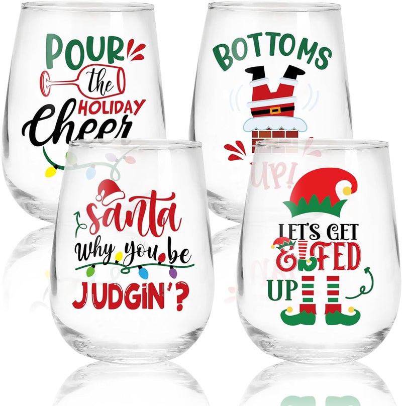 Whaline 4Pcs Christmas Stemless Wine Glasses 17oz Funny Xmas Lights Elf Santa Drinking Glasses Holiday Tumbler Cups for Party Supplies Gifts - Image 1