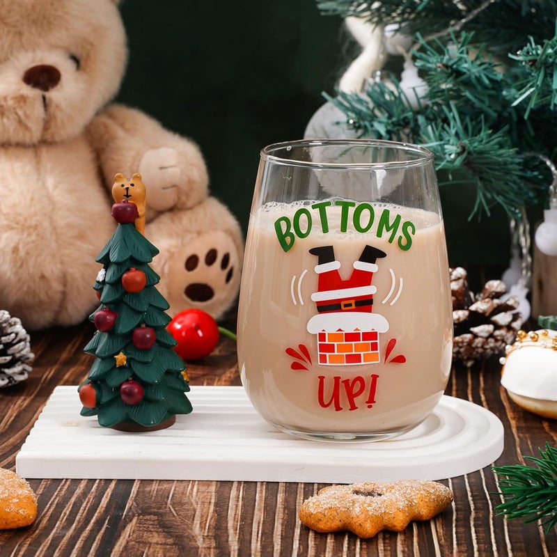 Whaline 4Pcs Christmas Stemless Wine Glasses 17oz Funny Xmas Lights Elf Santa Drinking Glasses Holiday Tumbler Cups for Party Supplies Gifts - Image 5