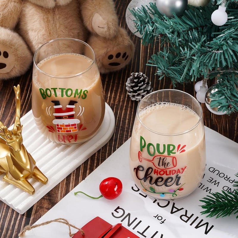 Whaline 4Pcs Christmas Stemless Wine Glasses 17oz Funny Xmas Lights Elf Santa Drinking Glasses Holiday Tumbler Cups for Party Supplies Gifts - Image 4