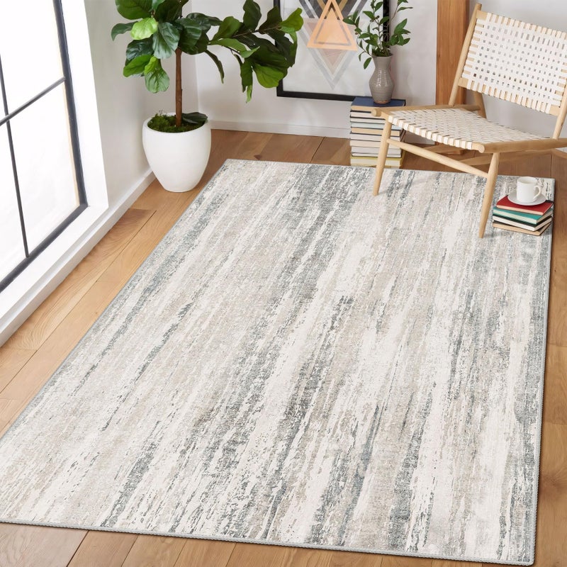 MUJOO 3x5 Rug Washable,Entryway Rug Small Area Rugs for Bedroom Living Room Kitchen Bathroom,Modern Abstract Non Slip Carpet,Indoor Entry Mat,Low Pile Throw Rug Neutral Accent Beige and Grey - Image 1
