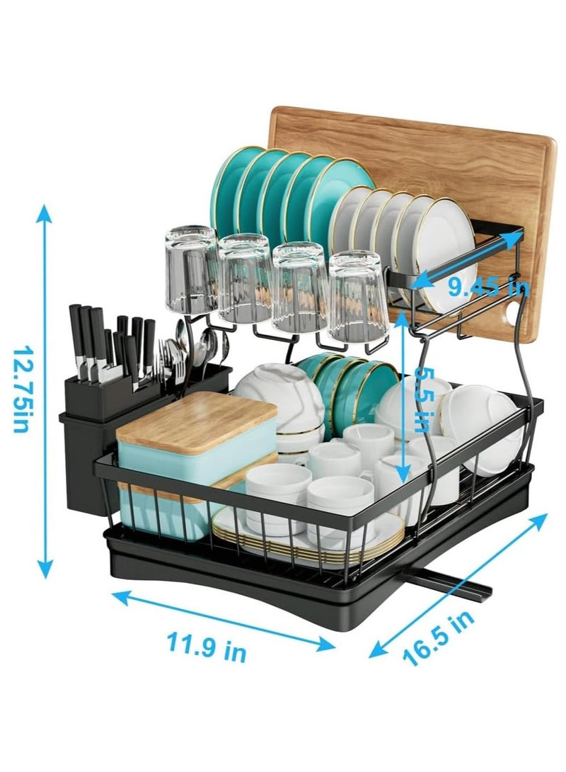 Taizz Ventures 2-Tier Large Dish Drying Rack for Kitchen Counter, Free-Standing Dish Rack with Drainboard, Utensil Holder, Cup Rack, and Automatic Drainage System 16.5x11.9x12.7in - Black - Image 3
