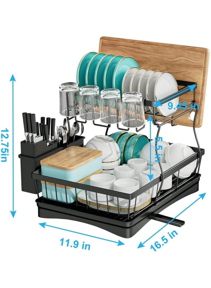 Taizz Ventures 2-Tier Large Dish Drying Rack for Kitchen Counter, Free-Standing Dish Rack with Drainboard, Utensil Holder, Cup Rack, and Automatic Drainage System 16.5x11.9x12.7in - Black - Image 4