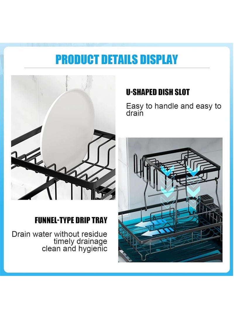 Taizz Ventures 2-Tier Large Dish Drying Rack for Kitchen Counter, Free-Standing Dish Rack with Drainboard, Utensil Holder, Cup Rack, and Automatic Drainage System 16.5x11.9x12.7in - Black - Image 5