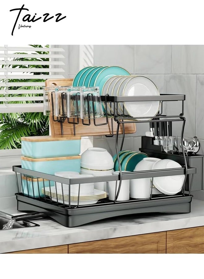 Taizz Ventures 2-Tier Large Dish Drying Rack for Kitchen Counter, Free-Standing Dish Rack with Drainboard, Utensil Holder, Cup Rack, and Automatic Drainage System 16.5x11.9x12.7in - Black - Image 1