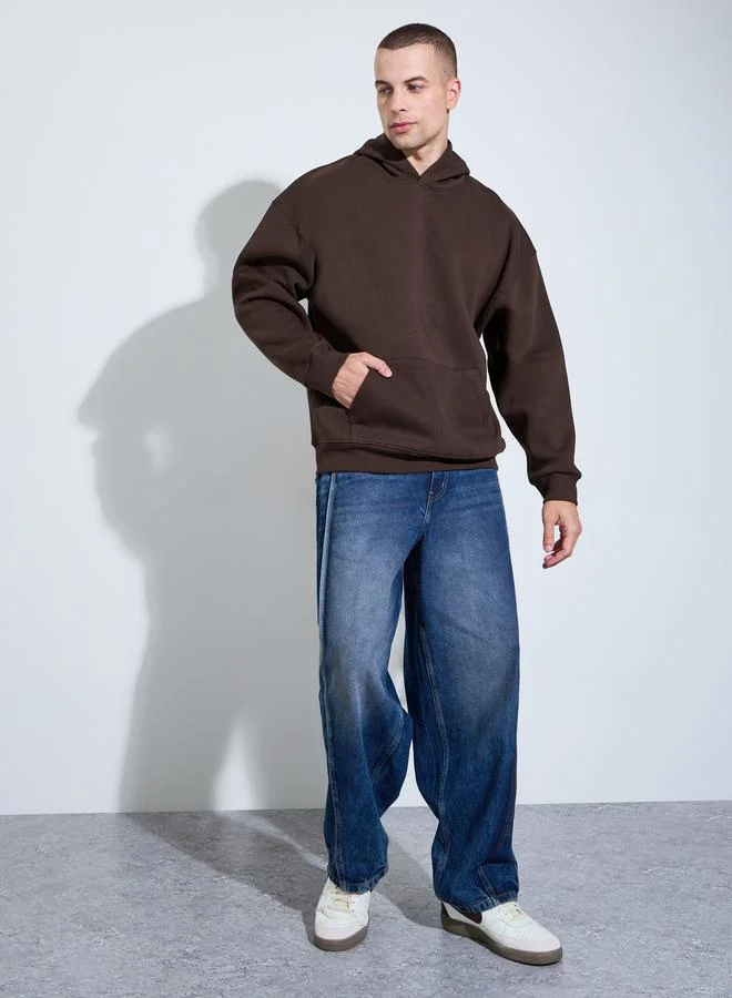 ستايلي Men Oversized Brown Slogan Print Fleece Hoodie