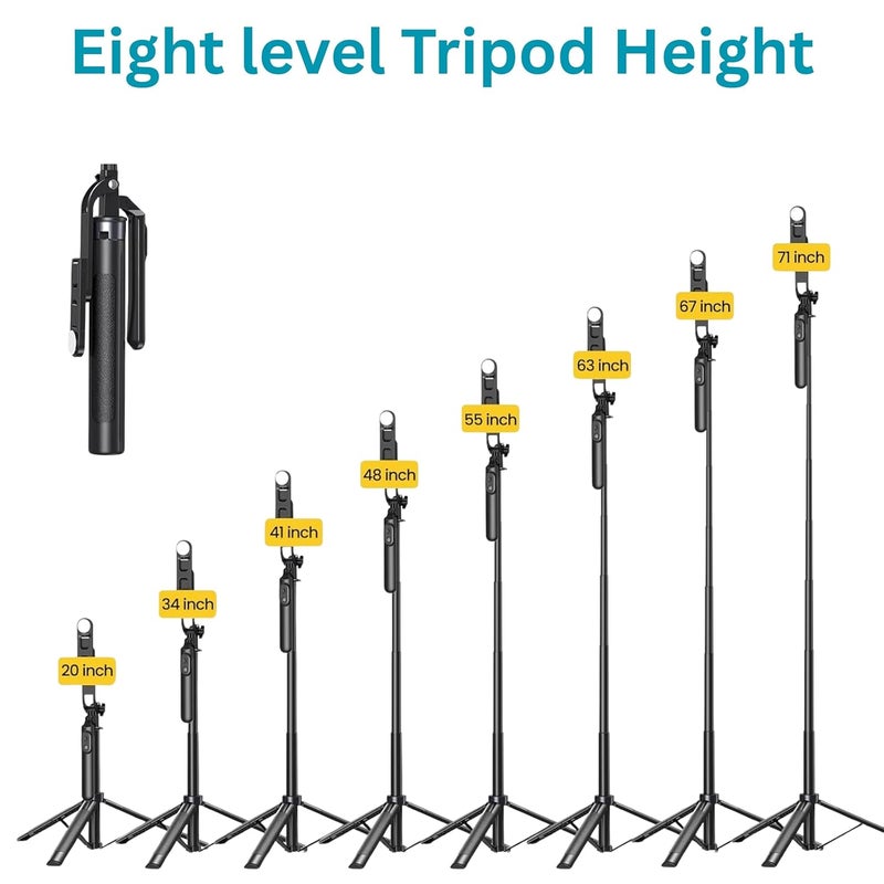 TARAVEE , Long Selfie Stick with Tripod Stand, Aluminum 71inch/180cm, 360° Degree Rotation Selfie Stick Tripod,for iPhone, Blutooth Remote,& LED Fill Light, for Camera Gopro for Vlogging,YouTube - Image 5