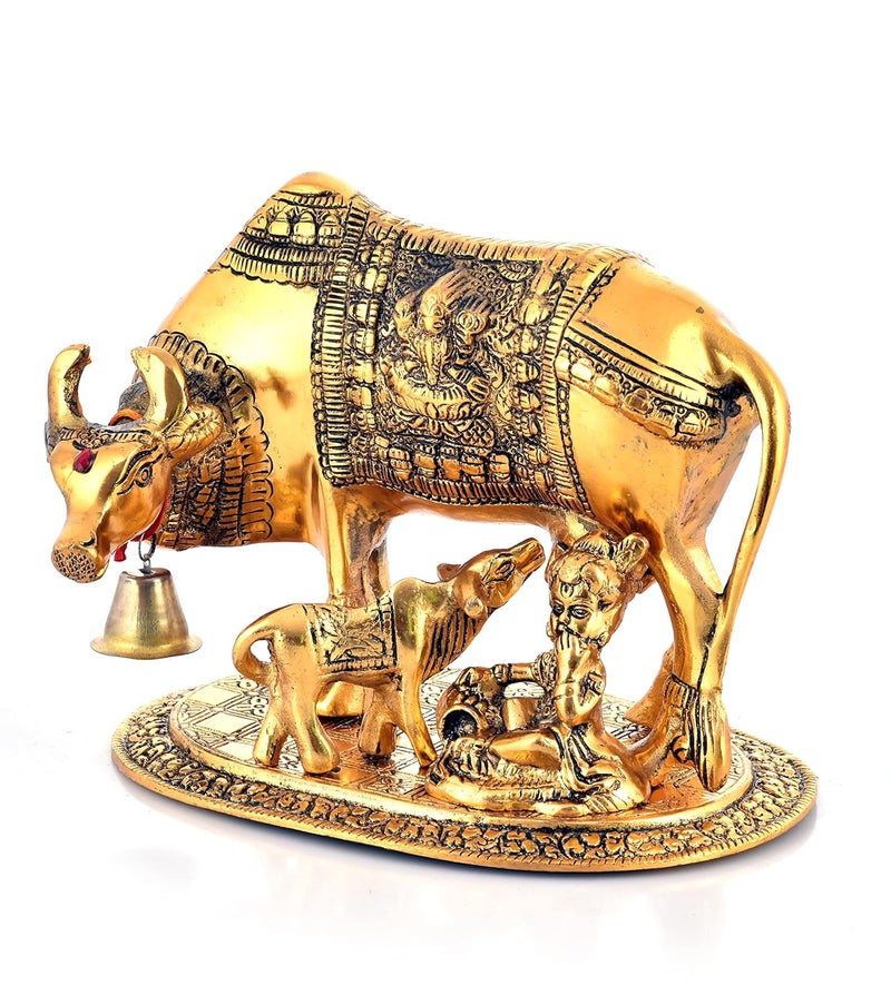 NIRMAL HANDICRAFT تمثال نيرمال للحرف اليدوية من المعدن لتمثال كمدهينو البقرة والعجل بتشطيب ذهبي قطعة روحية مقدسة للفاستو 16L x 13W x 21H سنتيمتر - Image 5