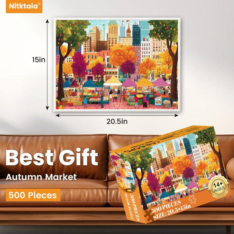 Nitktaia 500 Pieces Puzzle for Adultsâ€“Beautiful Autumn Market Puzzle for Adults Elderlyâ€“Recycled Paper Jigsaw Puzzle 500 Pieceâ€“Glossy, Sturdy Pieces Challenging Family Game Great Gift Idea (20.5x15in) - Image 2
