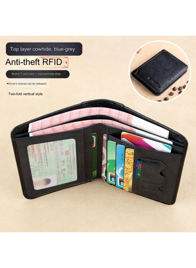 banyanu Men's Genuine Leather RFID Anti-Theft Brush Vertical Retro First-Layer Cowhide Wallet Blue-Gray - Image 1