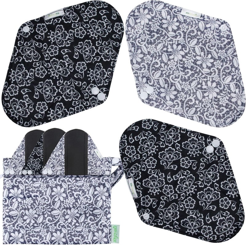Wegreeco wegreeco Reusable Menstrual Pads - Reusable Sanitary Pads | Reusable Panty Liners | Soft Cloth Menstrual Pads - 6 Pack with 1 Cloth Wet Bag (Black, Grey Lace, X-Large)