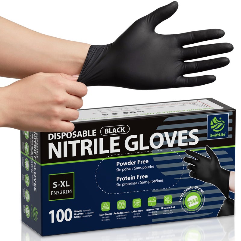 SWIFTLITE Disposable Nitrile Gloves Black, Food Safe Rubber Gloves Latex-Free Powder-Free for Cooking Food Prep Kitchen Clean (Large, 100) - Image 1
