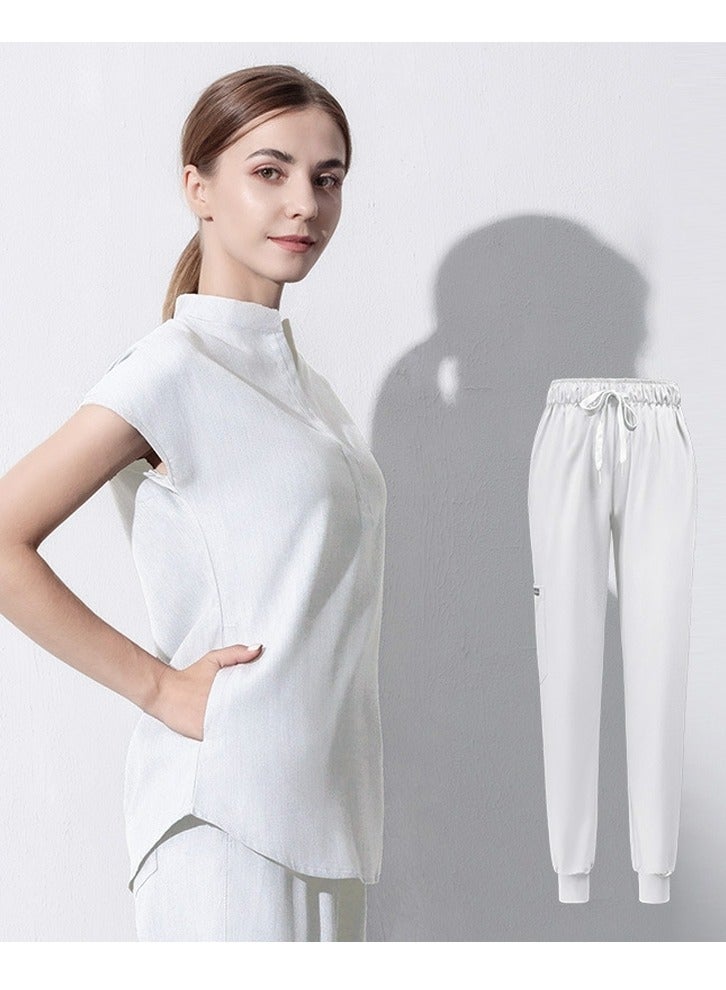 Loquat Medical Uniform Scrubs 2 Piece Set Stand Collar Top and Elastic Waist Jogger Pants Suit White 
