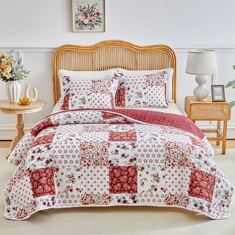 Joyreap 2 Pieces Floral Patchwork Quilt Set Twin, Burgundy Red n White Flowers Design, Smooth Soft Microfiber Quilt, Bedspread Bed Cover for All Season, 68x86 inches - Image 1