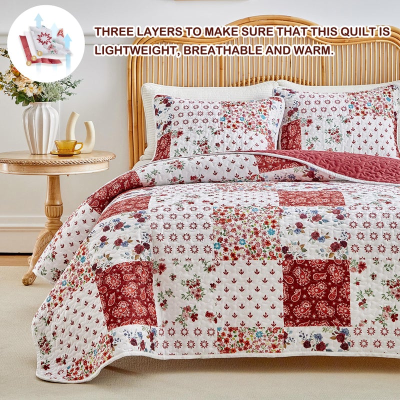 Joyreap 2 Pieces Floral Patchwork Quilt Set Twin, Burgundy Red n White Flowers Design, Smooth Soft Microfiber Quilt, Bedspread Bed Cover for All Season, 68x86 inches - Image 3