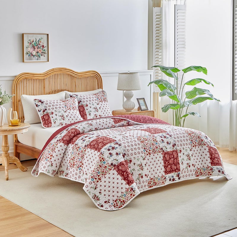 Joyreap 2 Pieces Floral Patchwork Quilt Set Twin, Burgundy Red n White Flowers Design, Smooth Soft Microfiber Quilt, Bedspread Bed Cover for All Season, 68x86 inches - Image 2