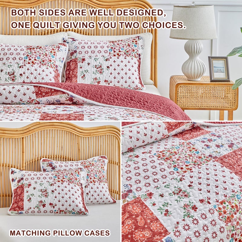 Joyreap 2 Pieces Floral Patchwork Quilt Set Twin, Burgundy Red n White Flowers Design, Smooth Soft Microfiber Quilt, Bedspread Bed Cover for All Season, 68x86 inches - Image 5