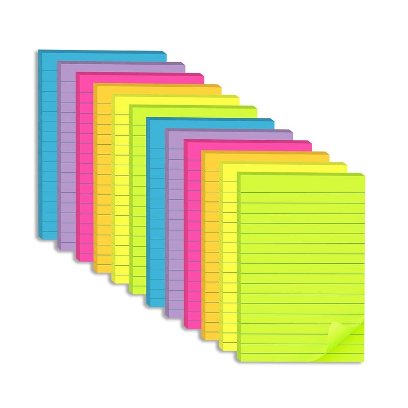 Kozerite (12 Pack) Lined Sticky Notes 4x6 in,Large Notepads with Lines,Ruled Stickies Super Sticking Power,Office School Memo Note Pads Bright Colors,Post on Windows Doors,Recyclable,Easy to Write on - Image 1