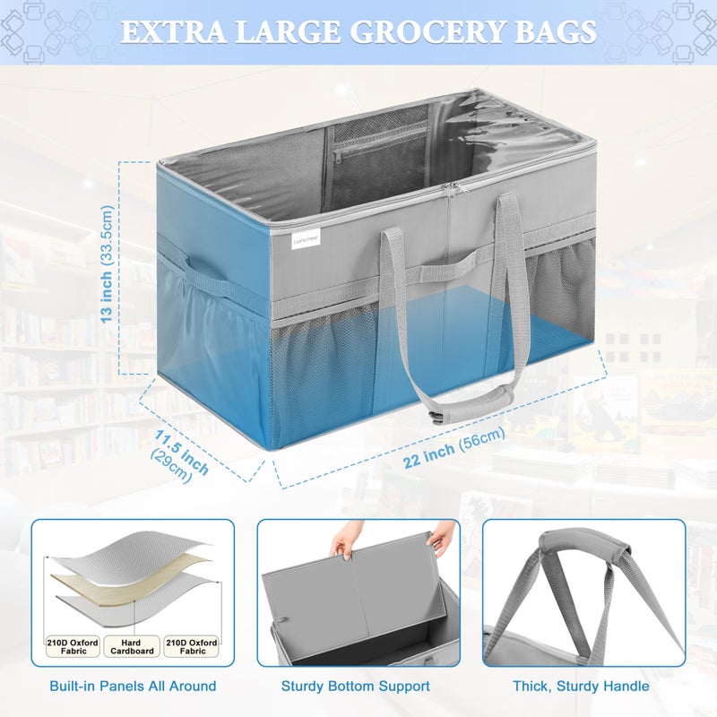 LUVHOMEE Extra Large Utility Tote Bag, 2 Pack Reusable Grocery Bags Heavy Duty, Sturdy Structured Tote Bag with Pockets & Handles, Foldable Shopping Bags for Groceries, Collapsible Totes with Lids 22x11.5x13in - Image 5