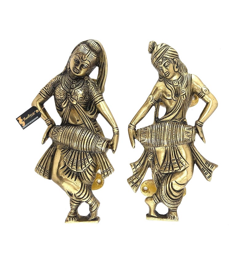 Two Moustaches Radha Krishna Playing Dholak Brass Door Pull Handle Pair Antique WhiteStandard - Image 2