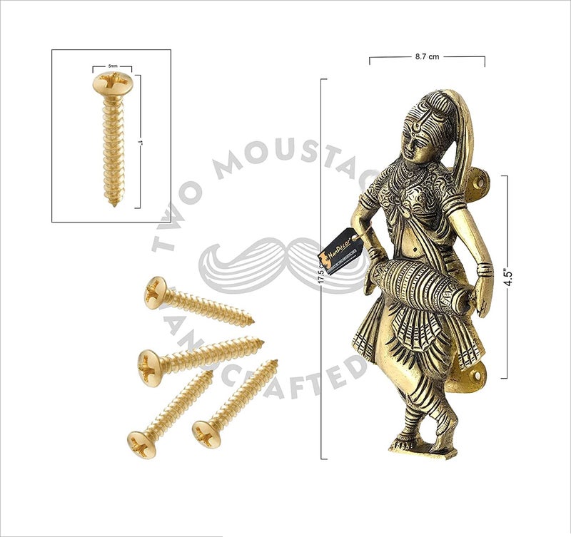 Two Moustaches Radha Krishna Playing Dholak Brass Door Pull Handle Pair Antique WhiteStandard - Image 5
