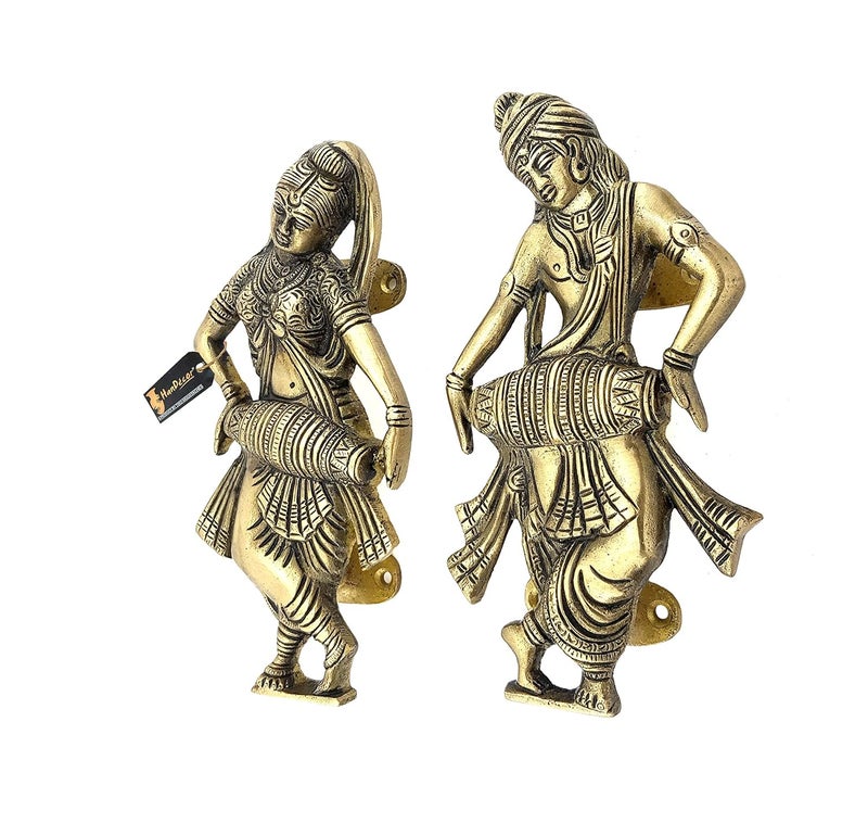 Two Moustaches Radha Krishna Playing Dholak Brass Door Pull Handle Pair Antique WhiteStandard - Image 4