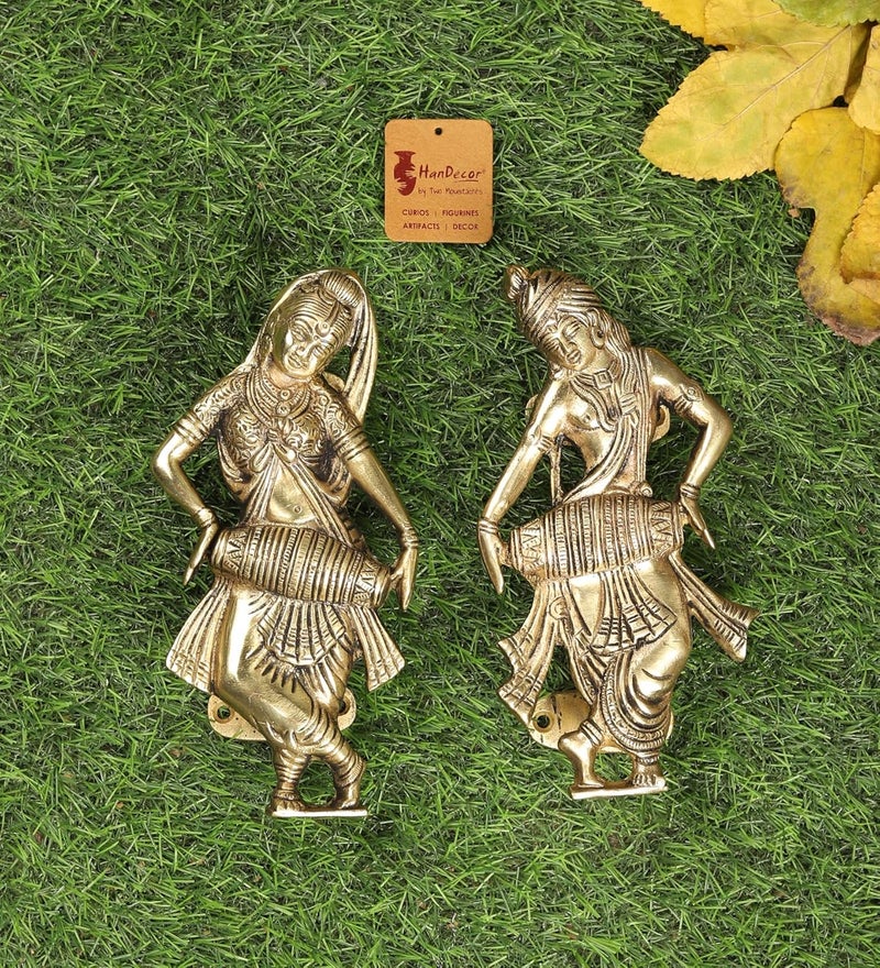 Two Moustaches Radha Krishna Playing Dholak Brass Door Pull Handle Pair Antique WhiteStandard - Image 1