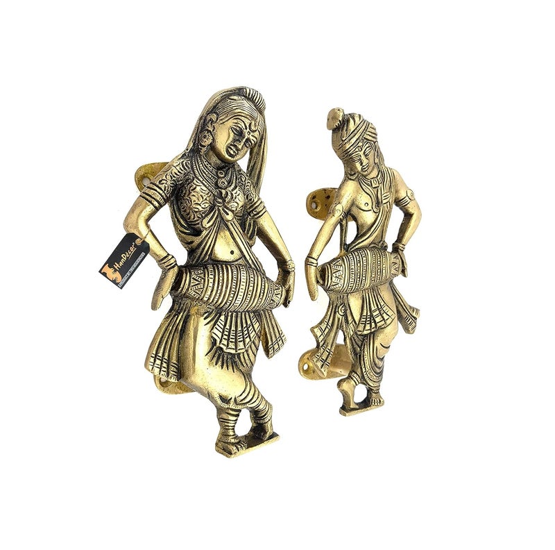 Two Moustaches Radha Krishna Playing Dholak Brass Door Pull Handle Pair Antique WhiteStandard - Image 3