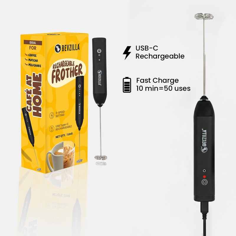 Bevzilla Rechargeable Electric Coffee Frother | 3-Speed with Type-C Fast Charging | One-Touch Operation for Coffee, Matcha & Milkshakes - Image 3