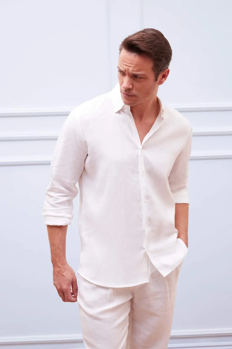 DeFacto Regular Fit Polo Collar Summer Basic Linen Shirt
