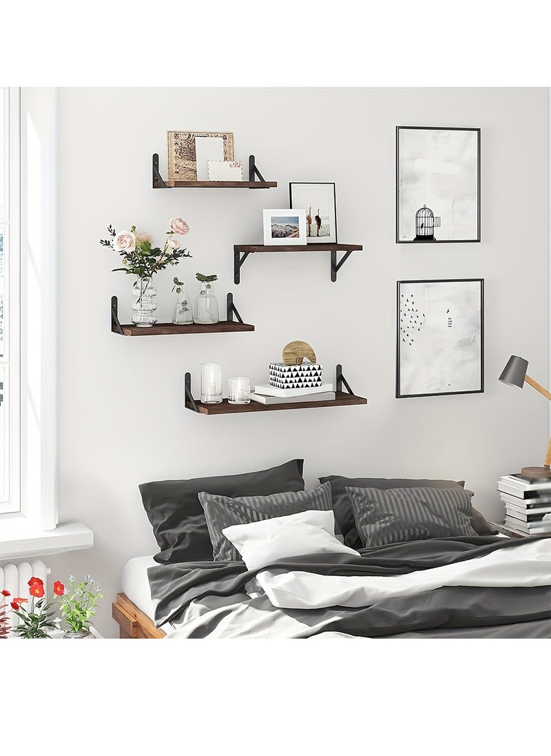 Uwals 4pcs Rustic Wood Floating Shelves, Wall Mounted Storage Rack, Photo & Vase Display Shelf, Wall Decor, Home Decor, Aesthetics Room Decor, Storage & Organization For Bathroom, Bedroom, Living Room  - Image 5