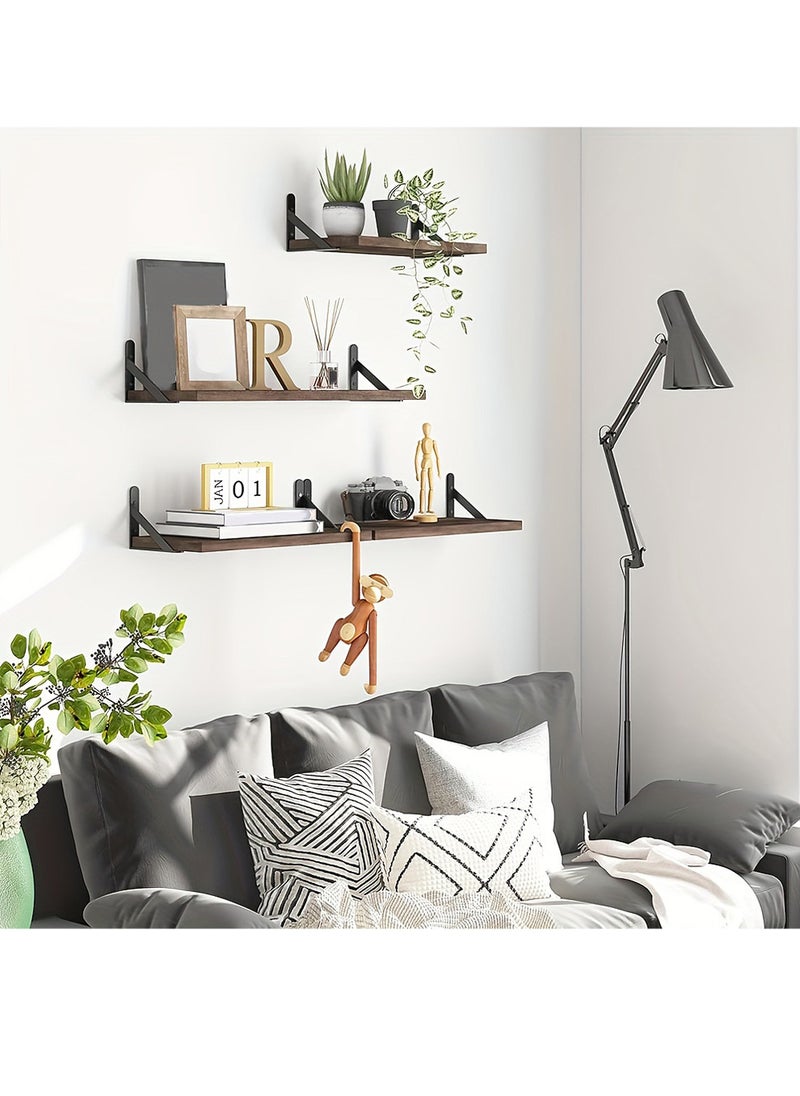 Uwals 4pcs Rustic Wood Floating Shelves, Wall Mounted Storage Rack, Photo & Vase Display Shelf, Wall Decor, Home Decor, Aesthetics Room Decor, Storage & Organization For Bathroom, Bedroom, Living Room  - Image 3