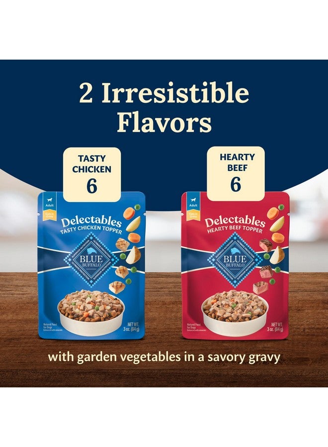 بلو بافلو مجموعة متنوعة من إضافات طعام الكلاب الرطب الطبيعي من بلو بافالو ديلكتابلز، دجاج لذيذ ولحم بقري شهي، قطع في المرق، ٨٧ غرامًا (١٢ كيسًا، ٦ من كل نكهة) - Image 3